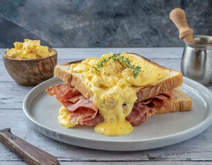 Fluffy scrambled eggs with savory pastrami and melted Swiss cheese, creating a rich, smoky bite. Served with toast, perfect for soaking up every delicious, cheesy, and flavorful bite.
