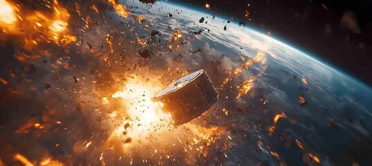 A catastrophic space battle unfolds above Earth, with burning debris and exploding spacecraft filling the sky,

