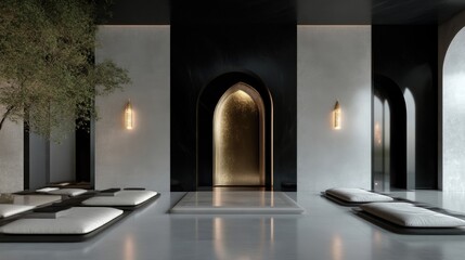 Modern minimalist zen space with arched doorways