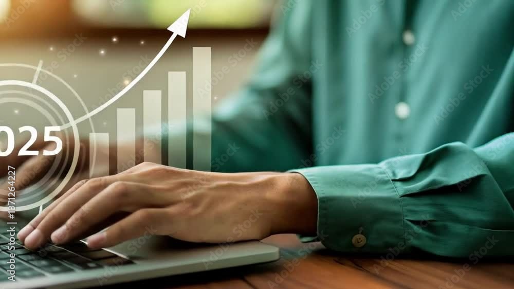 Aufkleber person typing on laptop with digital growth chart and year projected for the future success