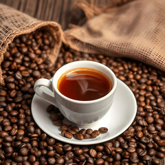 Fototapeta premium Freshly Brewed Coffee in White Cup on Saucer, Coffee Beans, Sack, Brown Texture Background.
