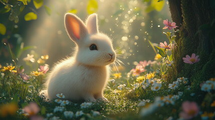 A white rabbit is sitting in the forest, surrounded by flowers and grass under an old tree