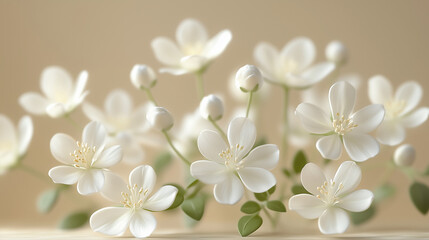 A bunch of white flowers, delicate and small with green leaves at the ends, arranged in an elegant display on a soft beige background