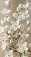 A bunch of white flowers, delicate and small with green leaves at the ends, arranged in an elegant display on a soft beige background