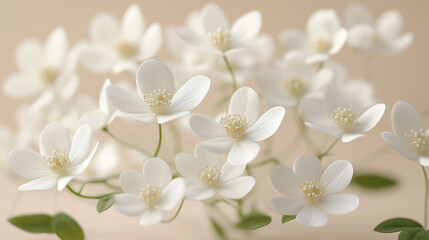 A bunch of white flowers, delicate and small with green leaves at the ends, arranged in an elegant display on a soft beige background
