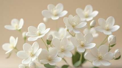 A bunch of white flowers, delicate and small with green leaves at the ends, arranged in an elegant display on a soft beige background