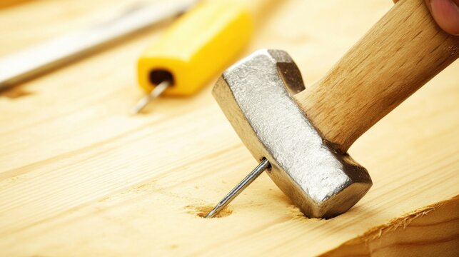 A construction worker using a hammer to secure nails. Featuring precision and effort