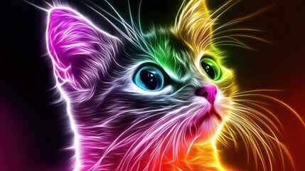 Colorful Neon Cat Portrait with Bright Eyes and Vibrant Glow