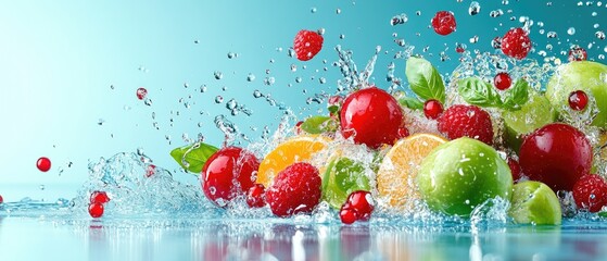 Splash of freshness with berries, limes, and oranges in crisp, clear water droplets