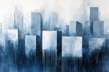 Abstract Cityscape in Blues and Whites Modern Urban Art Painting