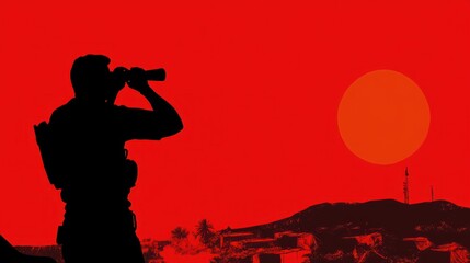 Fototapeta premium Silhouette of a figure with binoculars against a vivid red sky overlooking a rugged landscape