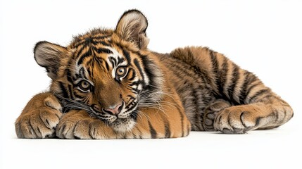 Obraz premium Playful Tiger Cub Relaxing on White Background Looking at Viewer