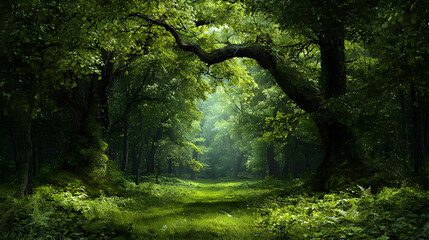 Naklejka premium Lush Green Forest Path With Sunlight