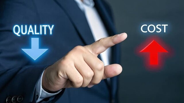 A man pointing at quality and cost arrows on a dark background in a business presentation