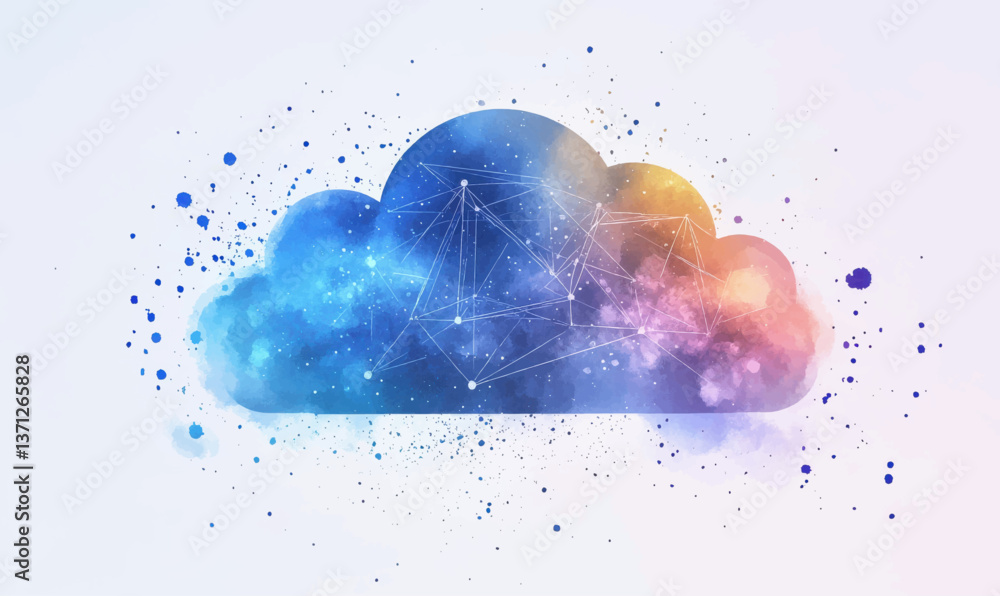 Poster cloud computing network with watercolor clouds