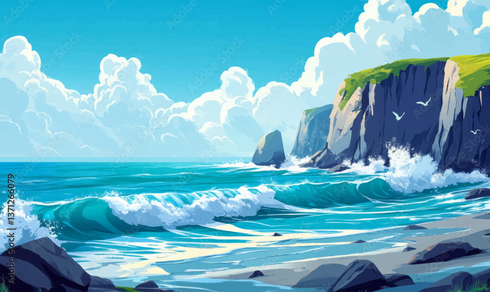 Poster coastal landscape with waves crashing on rocks and cliffs