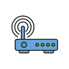 Vector Illustration of a Blue Wireless WiFi Router Icon with Signal Waves and Indicator Lights Representing Internet Connectivity and Network Access