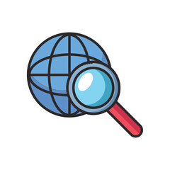 Vector Illustration of a Blue Globe with a Red Magnifying Glass Representing Internet Search, Online Research, and Global Web Exploration