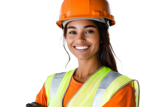 Smiling female construction worker isolated on transparent background