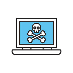 Flat Vector Illustration of a Laptop Screen Displaying a Skull and Crossbones Symbol Representing a Computer Virus or Cyber Threat