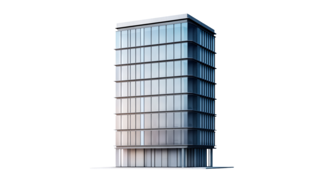 minimalist high-rise office building with a sleek, rectangular design and numerous windows. Perfect for urban and business-related visualizations. Isolated on transparent background.