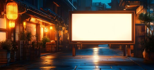 Blank Signboard on Traditional Japanese Restaurant at Night,

