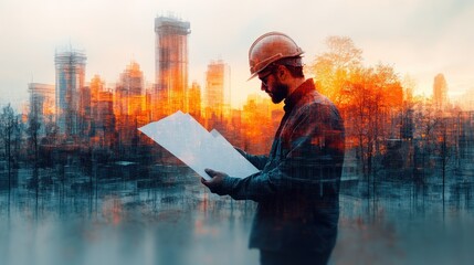 Urban Construction Visionary: Architect Reviewing Blueprints Against Cityscape