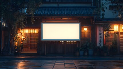 Blank Signboard on Traditional Japanese Restaurant at Night,

