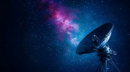 Satellite Dish Against Starry Night Sky With Galaxy