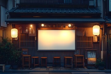 Blank Signboard on Traditional Japanese Restaurant at Night,

