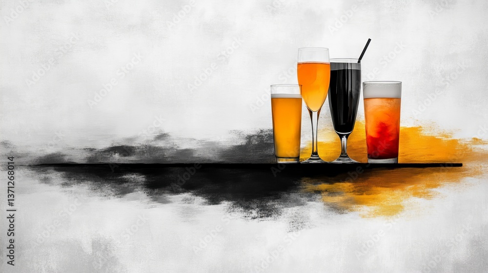 Poster various drinks stand side by side on an artistic surface in an abstract setting.