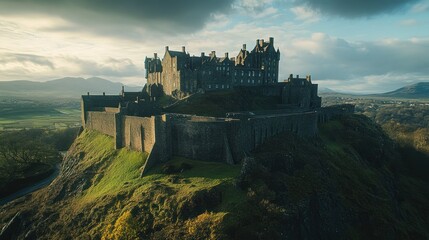 Fototapeta premium Majestic scottish castle perched atop a green hill under a cloudy sky scenery