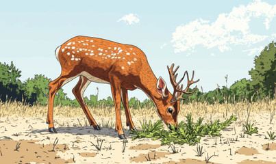 Naklejka premium Forced perspective illustration of a deer eating plants on the ground