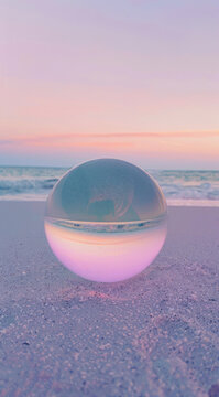 Glass Orb Captures Sunset s Pastel Hues on Serene Beach Upsidedown Ocean Reflection Soft Light Dreamy Pink and Purple Tones