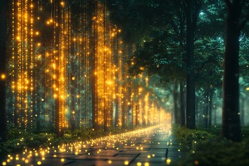 Digital forest with trees made of light beams, glowing softly in a serene environment