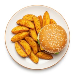 A burger with sesame bun and potato wedges on a plate against a white background top down view