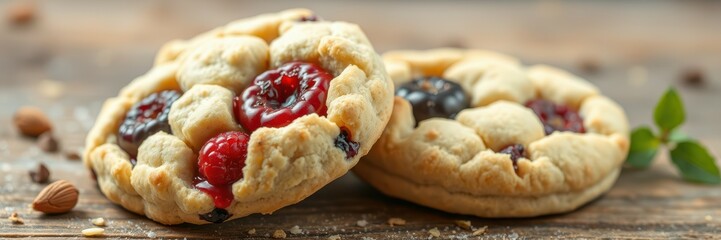 Delicious homemade fruit tarts with berries on a rustic wooden table in a warm setting