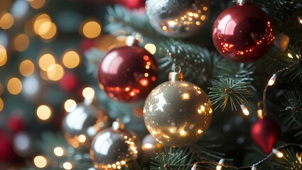  A Christmas tree adorned with elegant, shimmering baubles in gold, red, and silver, reflecting the soft glow of twinkling fairy lights