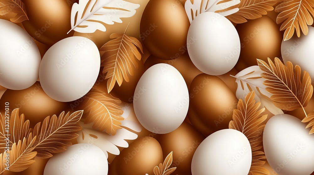 Poster white and bronze eggs are arranged with golden leaves on a gradient background creating an elegant d