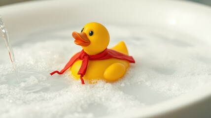 Bright yellow rubber duck floating in soapy water with a red scarf during a relaxing bath time