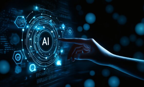 Hand Touching Digital Ai Interface with Glowing Futuristic Technology