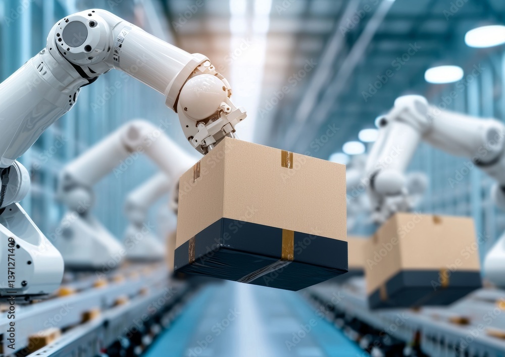 Poster robotic arm handling package in modern automated warehouse for efficient logistics and supply chain 