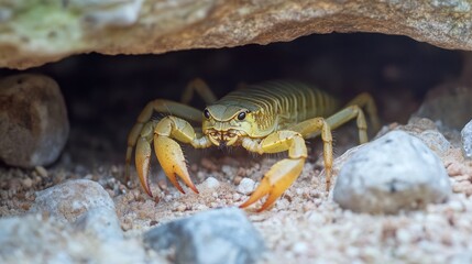 A small, light yellow arachnid scurries out of a rocky crevice.