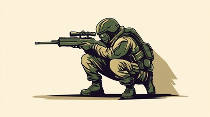 Soldier in Tactical Gear with Sniper Rifle Military Action Scene Combat Readiness Illustratio