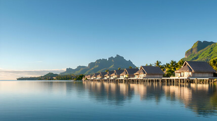 Fototapeta premium Overwater Bungalows On Tropical Island At Sunrise