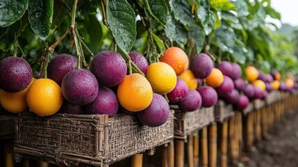 Vibrant Purple and Orange Fruits in Baskets: A Tropical Orchard Scene