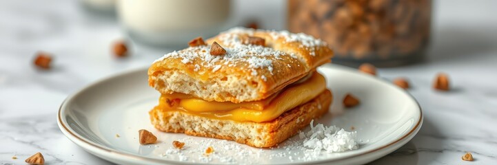 Delicious dessert with layers of pastry and creamy filling served on a white plate surrounded by crumbled toppings