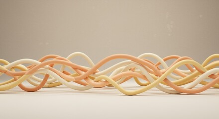 Abstract 3D Render of Intertwined Pastel Colored Tubes, Minimalist Wave Design, Cream Beige Background