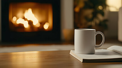 Fototapeta premium Cozy Scene By Fireplace With Coffee Mug And Book