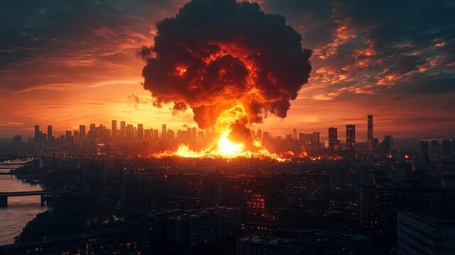 Devastating atomic bomb blast creating a giant mushroom cloud downtown